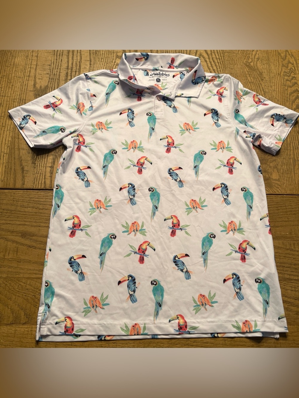 Chubbies Boys YL White Tropical Bird Graphic Stretch Polo Shirt Golf Large